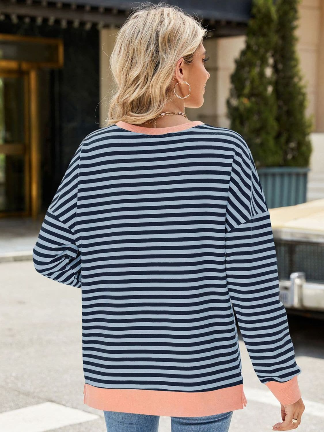 Slit Striped Round Neck Long Sleeve Sweatshirt.