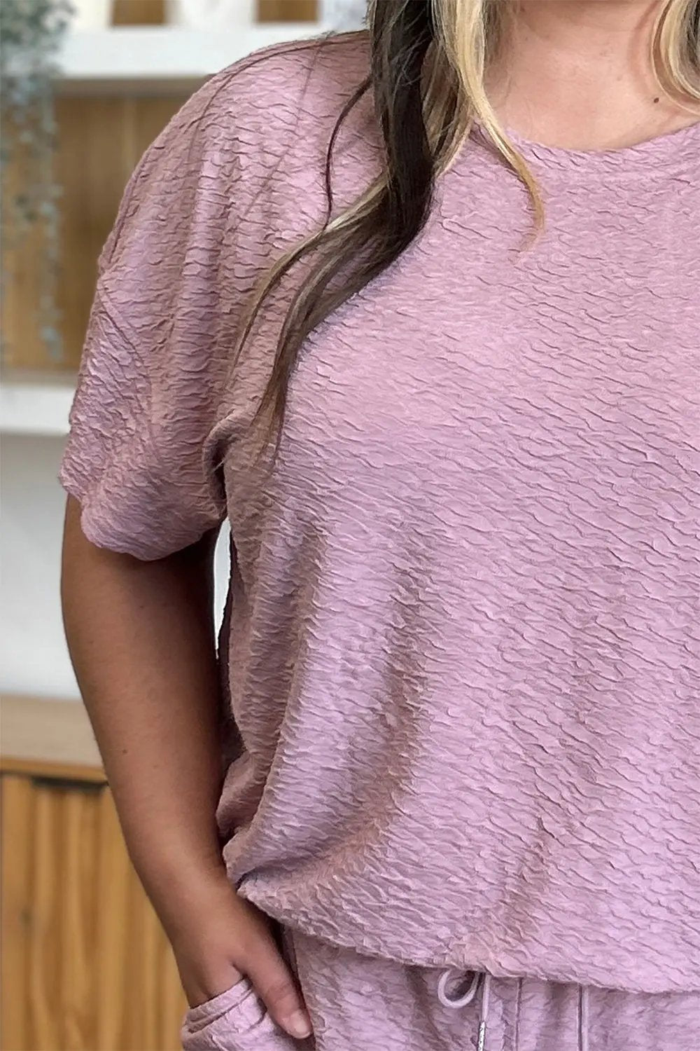 Double Take Full Size Texture Short Sleeve Top and Pants Set - Love Salve