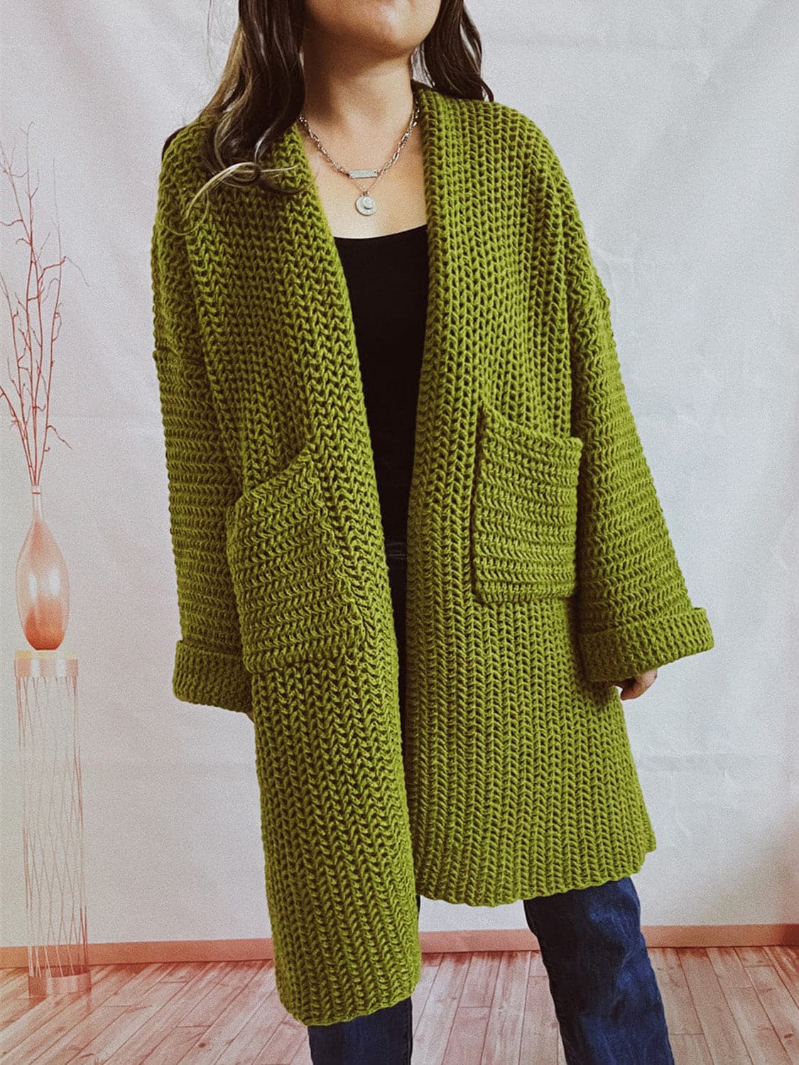 Open Front Long Sleeve Cardigan with Pockets.