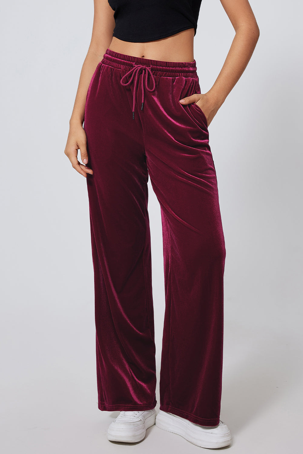 Burgundy wide leg pants with drawstring