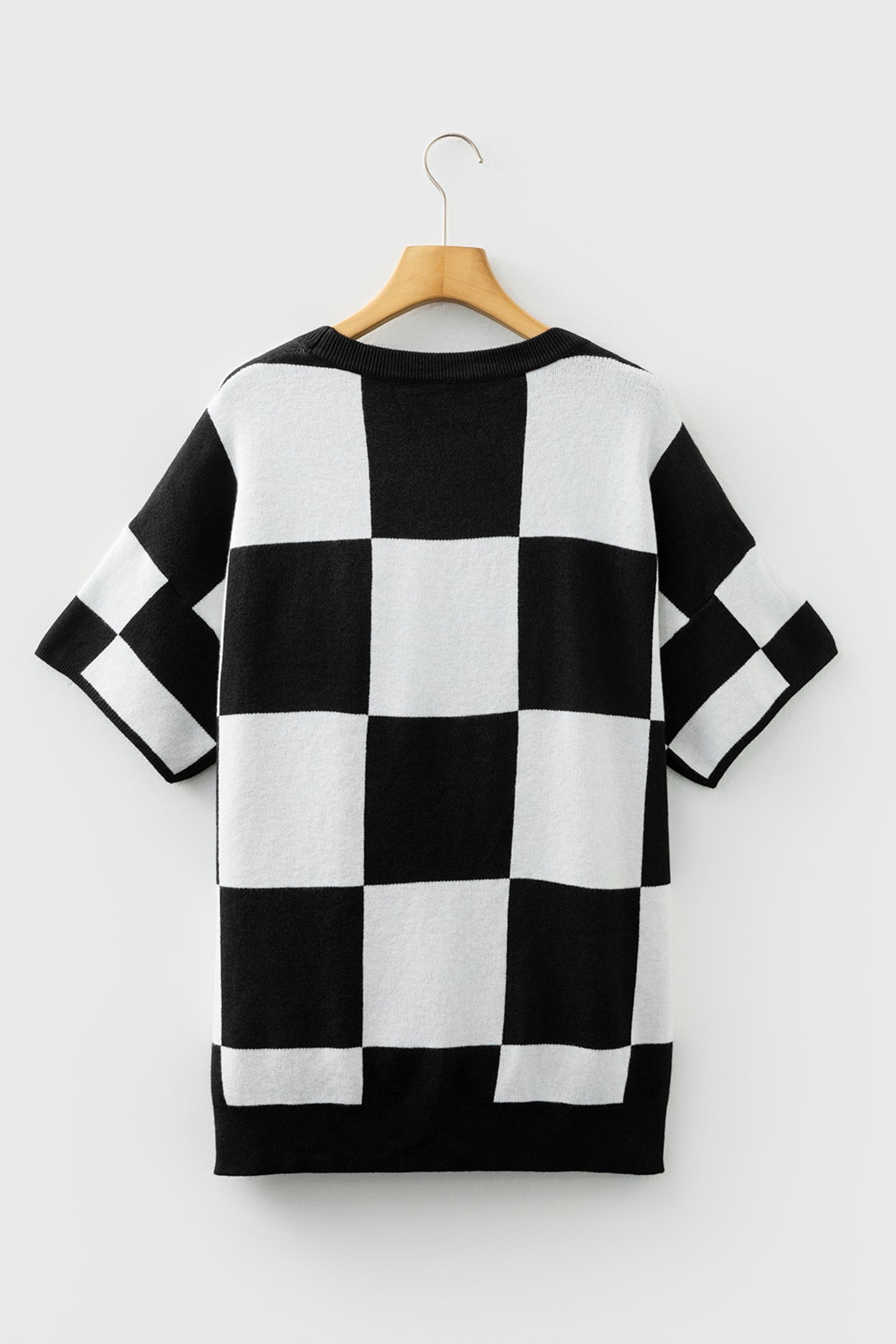 Black Checkered Pattern Loose Drop Shoulder Half Sleeve Knit Sweater For Women Dear-Lover Dropshipping