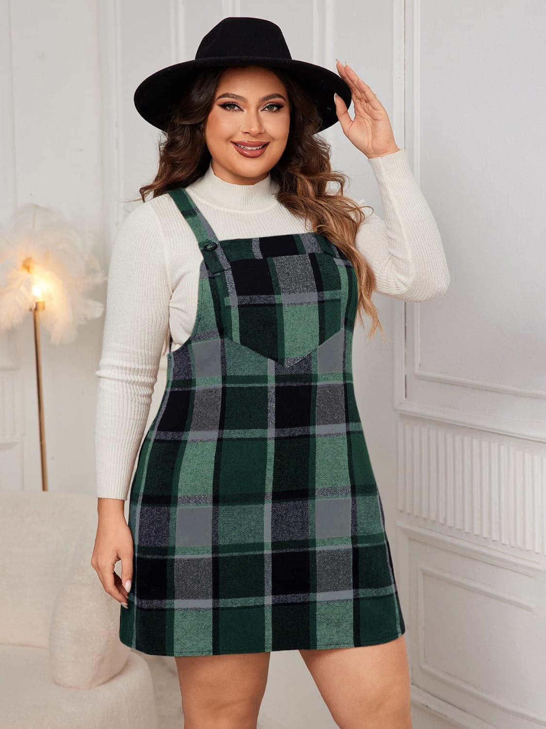 Plus Size Plaid Wide Strap Overall Dress.