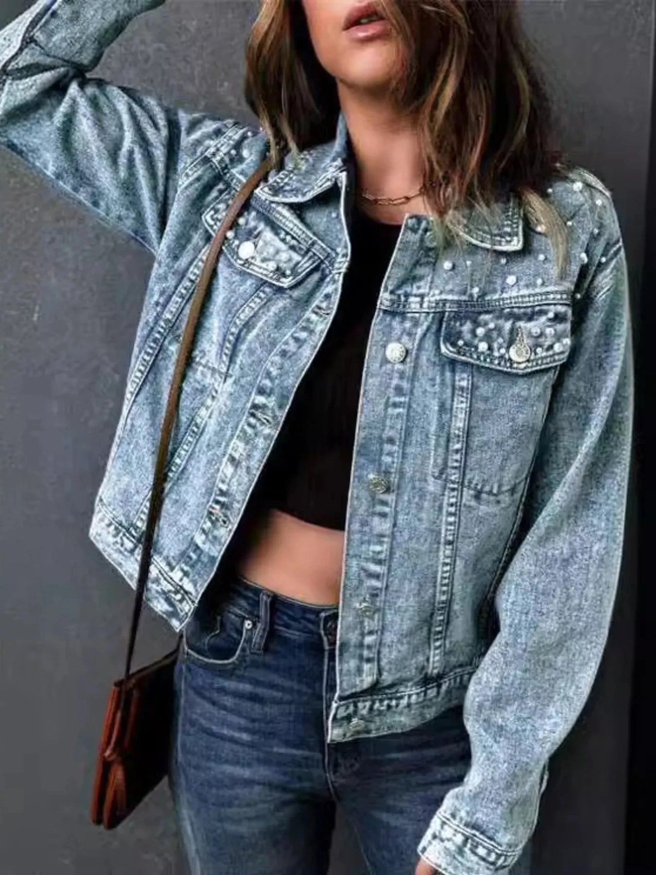 Full Size Pearl Detail Button Up Long Sleeve Denim Jacket Plus Size Coco’s Tee Boutique