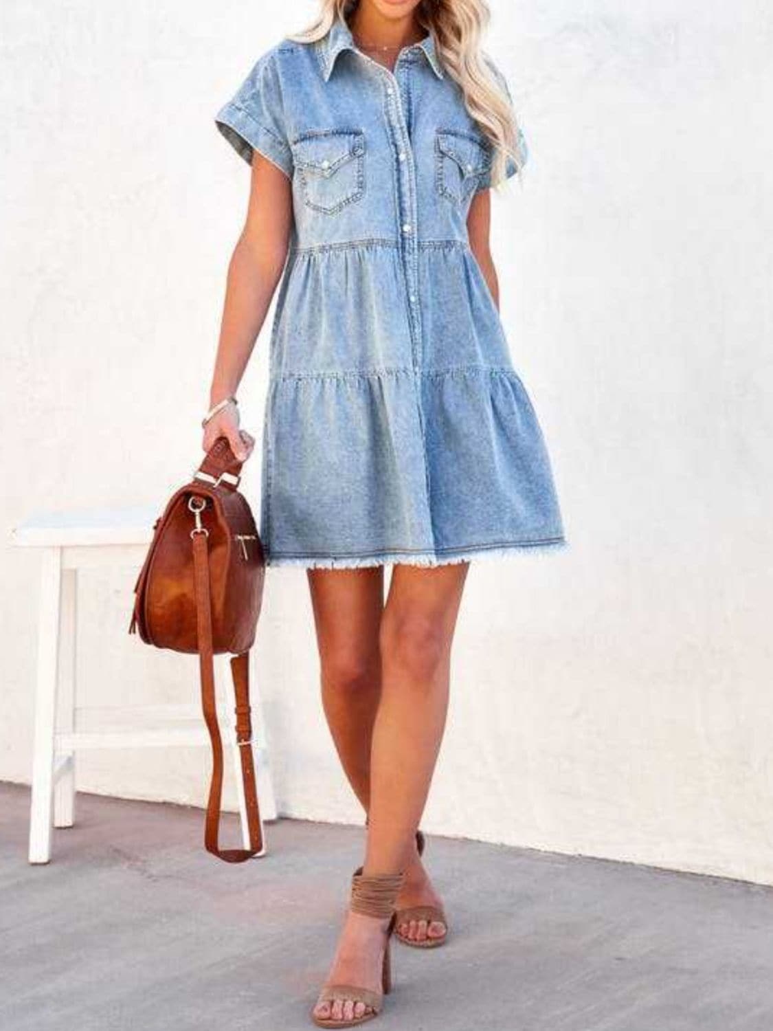 Raw Hem Short Sleeve Denim Dress.