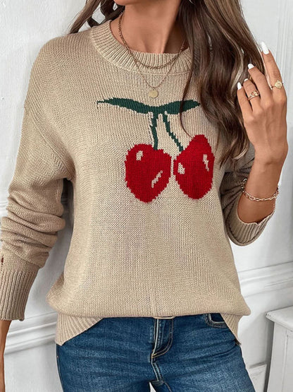 Perfee Cherry Round Neck Long Sleeve Sweater