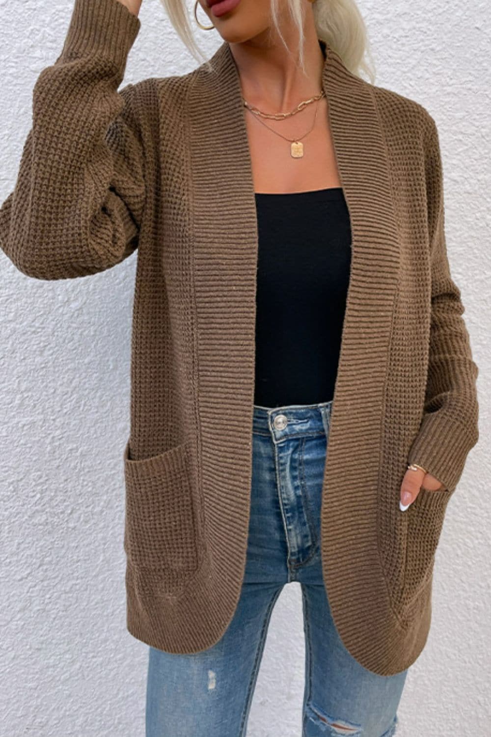 Open Front Rib-Knit Cardigan with Pockets.