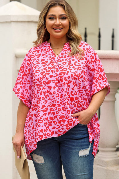 Plus Size Printed Notched Neck Half Sleeve Top.