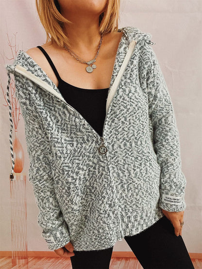 Zip Up Drawstring Long Sleeve Hooded Sweater.