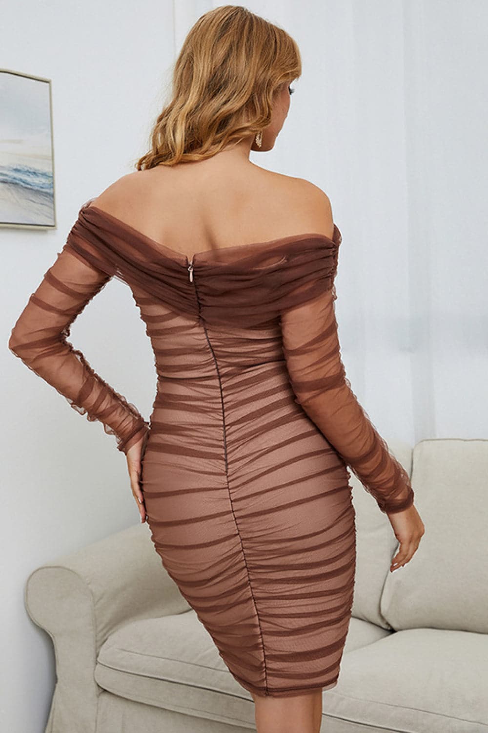 Off-Shoulder Ruched Long Sleeve Tulle Dress.