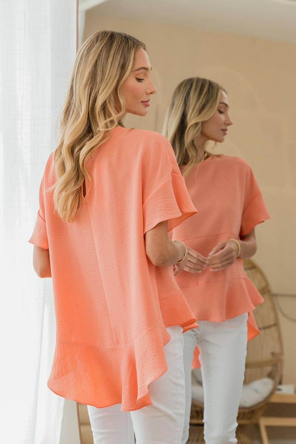 Sew In Love Round Neck Ruffled TopExperience Charm and Versatility
 Elevate your wardrobe with the Sew In Love Round Neck Ruffled Top, a stylish addition that combines elegance and adaptability. WithLove Salve Love Round Neck Ruffled Topjust arrived