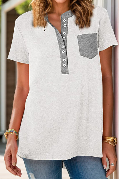 Full Size Half Button Short Sleeve T-Shirt.