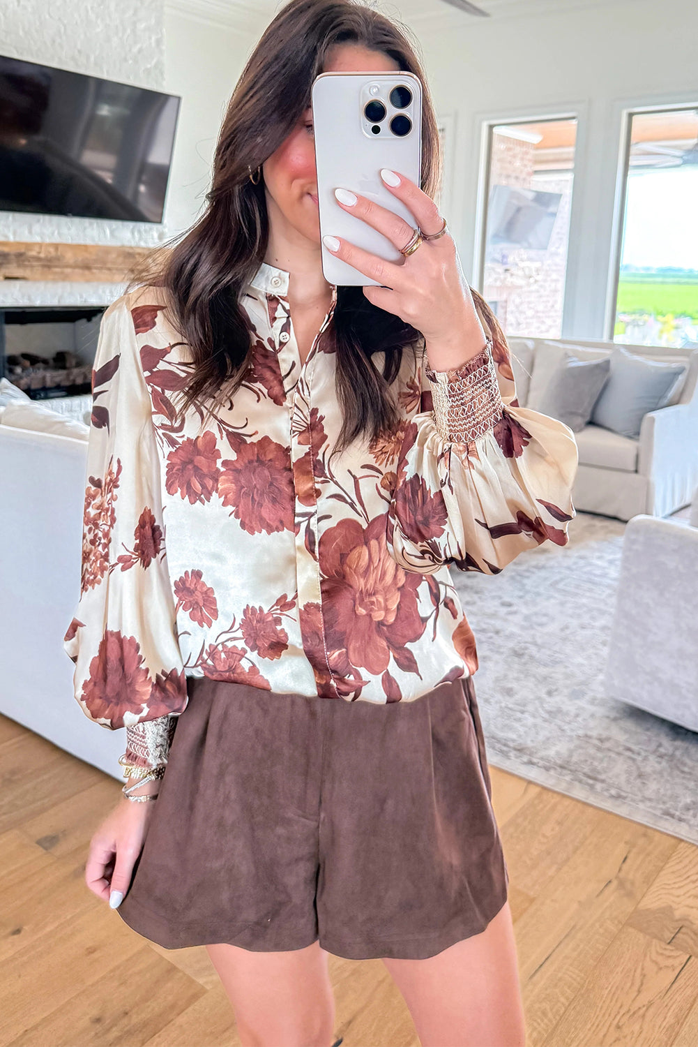 Brown Floral Print Button Down Poet Sleeve Shirt Dear-Lover Dropshipping