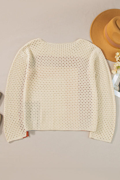 Openwork Color Block Long Sleeve Knit Top.