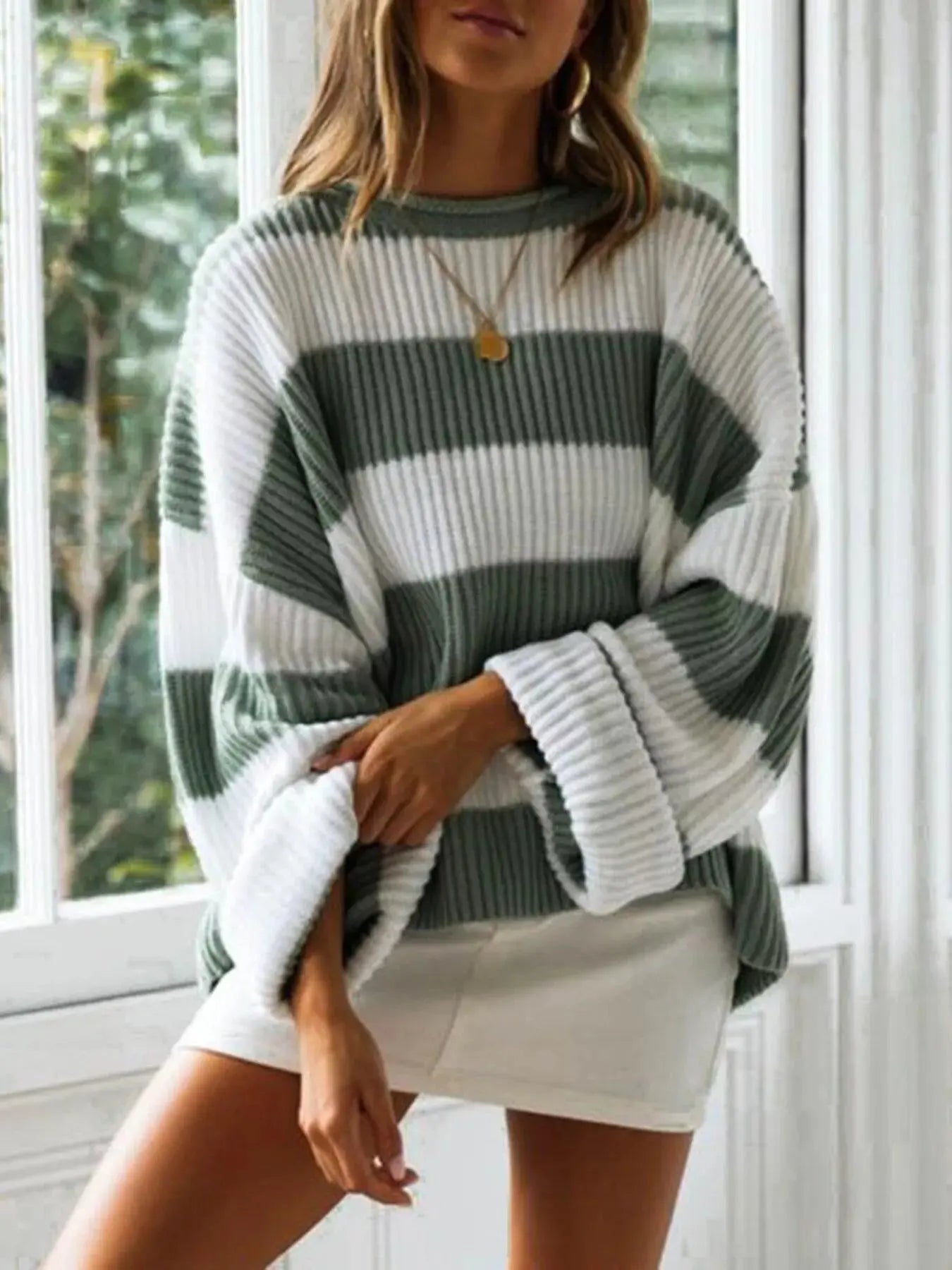 Full Size Contrast Striped Round Neck Sweater Plus Size Simply Love