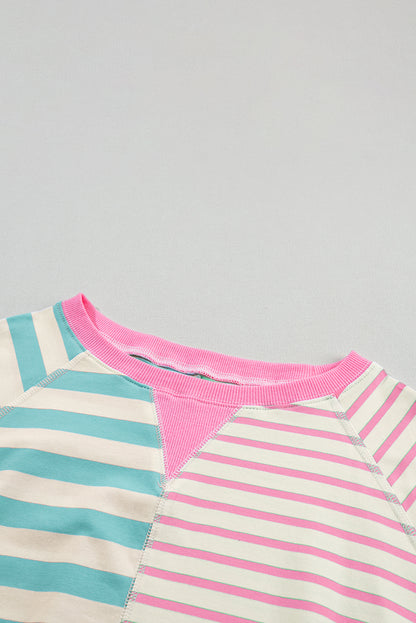 Pink Stripe Contrast Patchwork Oversized T Shirt