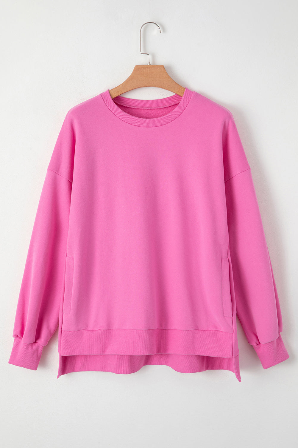 Cozy bonbon fleece-lined drop shoulder sweatshirt with high-low hem