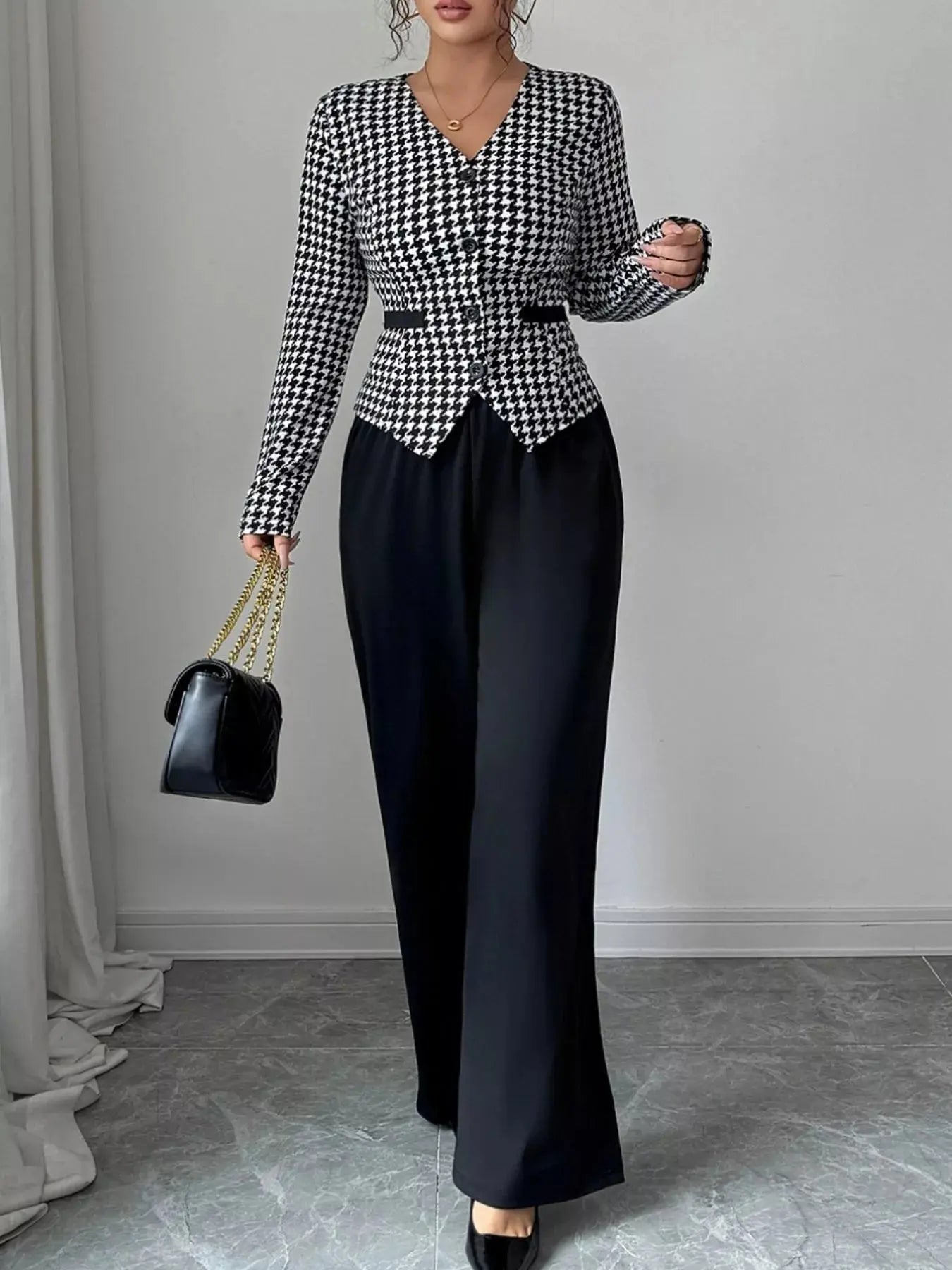 Houndstooth Blazer & Wide Leg Pants Set Simply Love