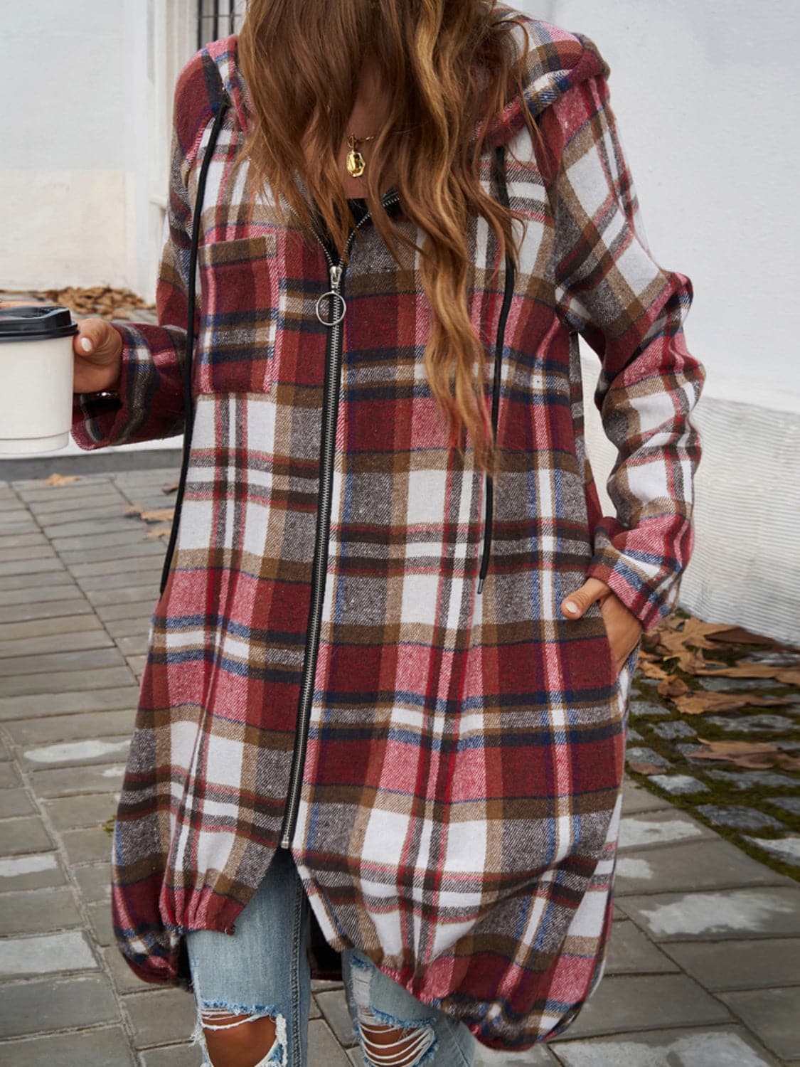 Plaid Zip Up Hooded Coat.