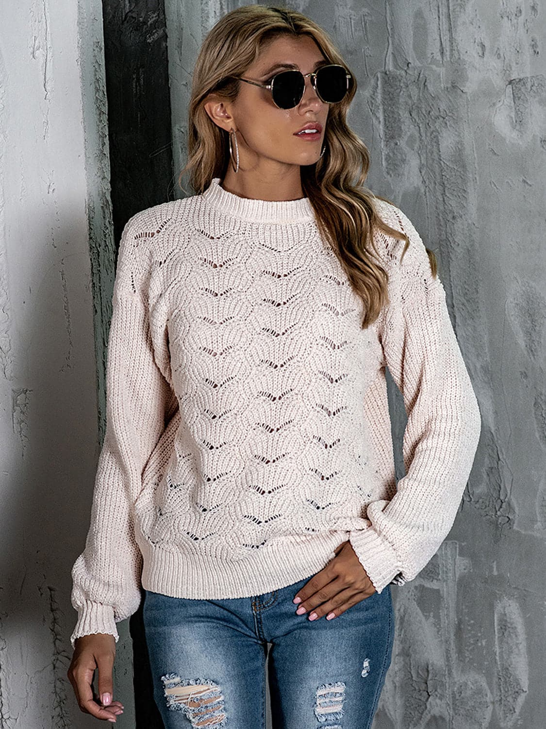 Openwork Mock Neck Long Sleeve Sweater.