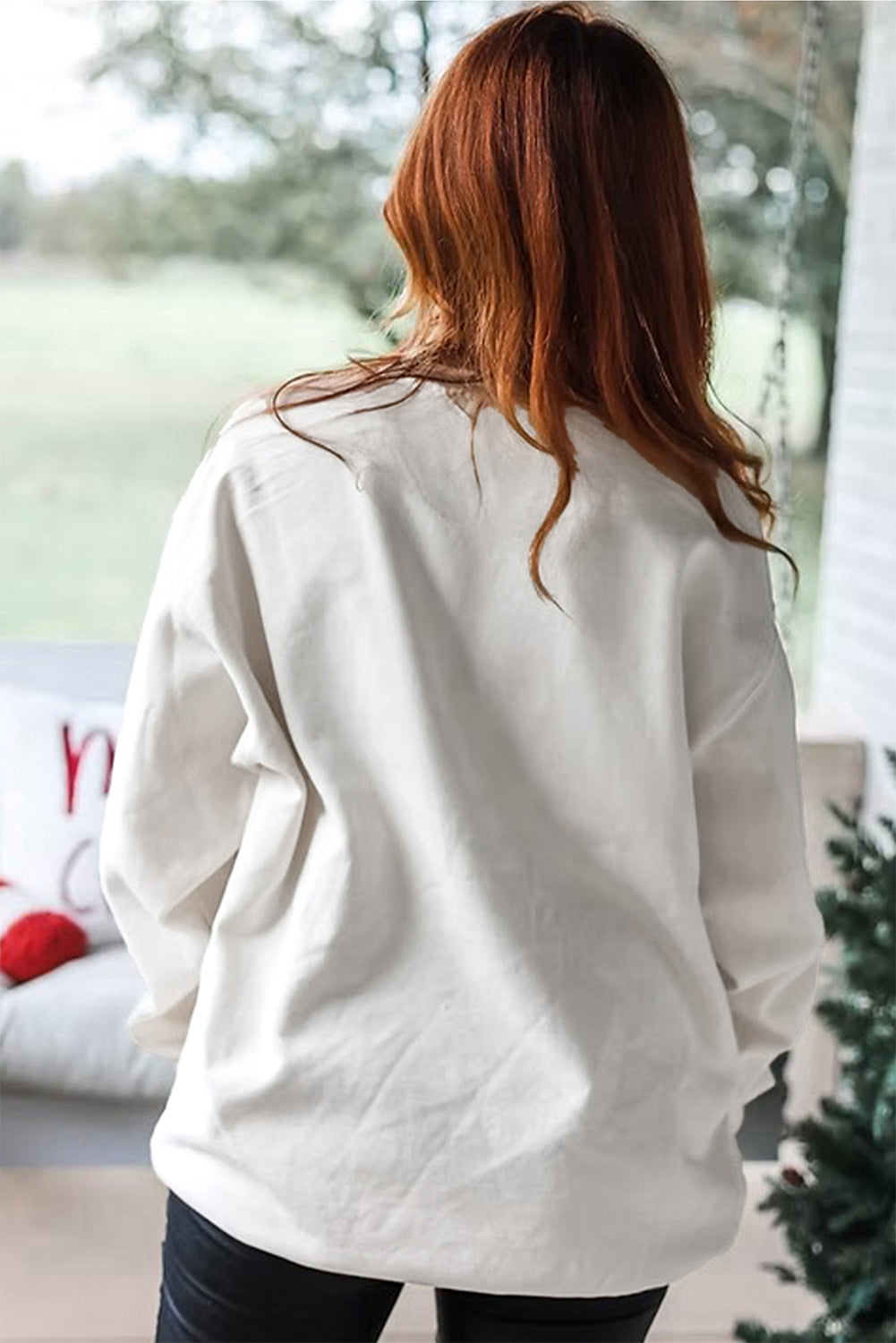 White Pearl Plaid Christmas Tree Patched Drop Shoulder Sweatshirt Dear-Lover Dropshipping