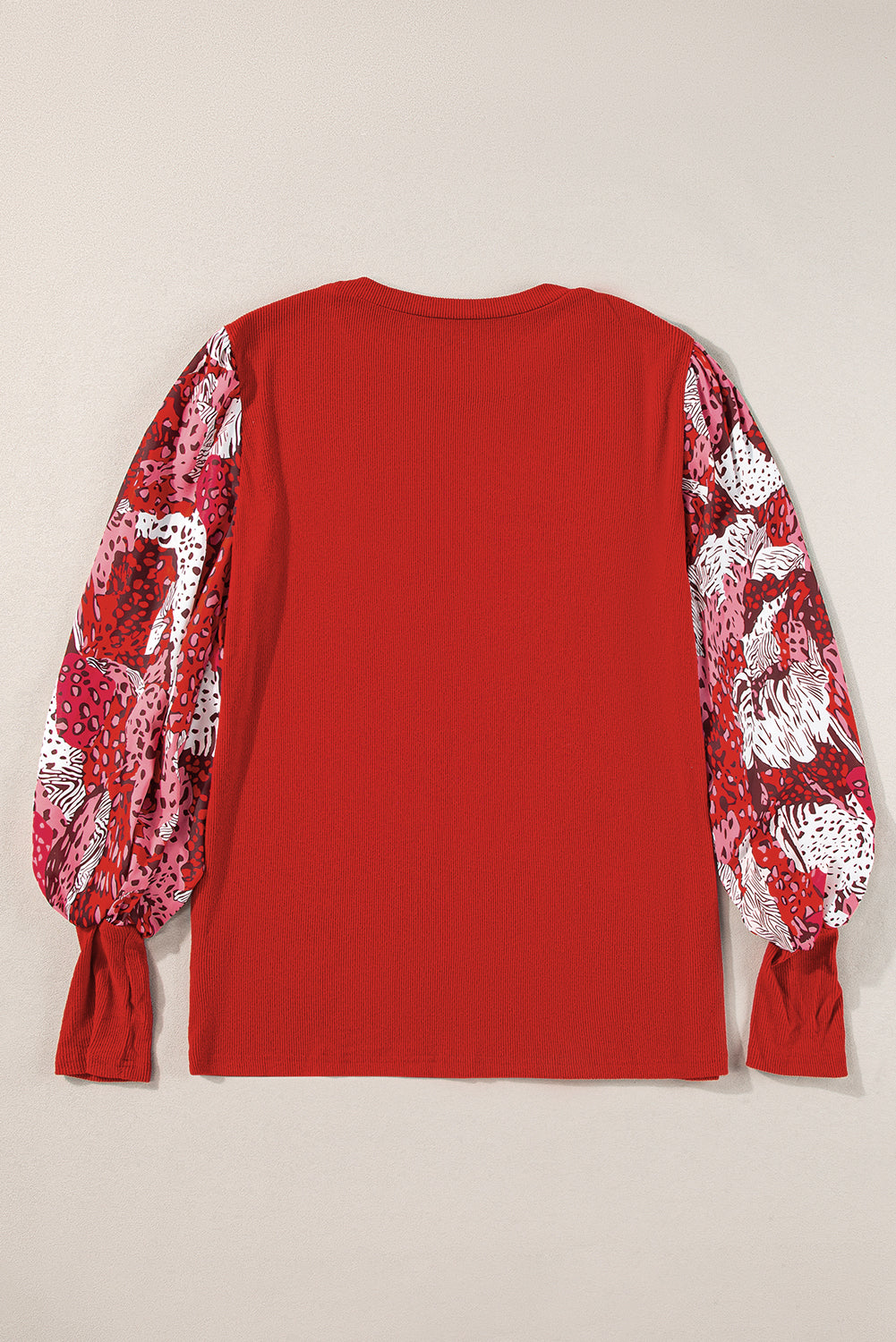 Vibrant red mixed animal print lantern sleeve patchwork blouse