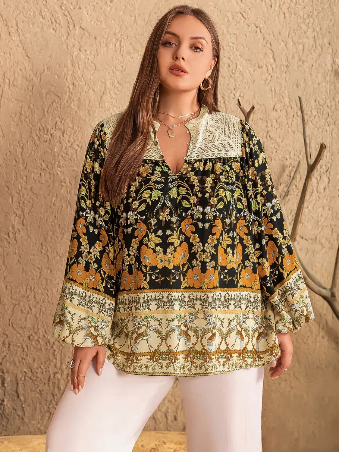 Plus Size Floral Print Notched Blouse Simply Love