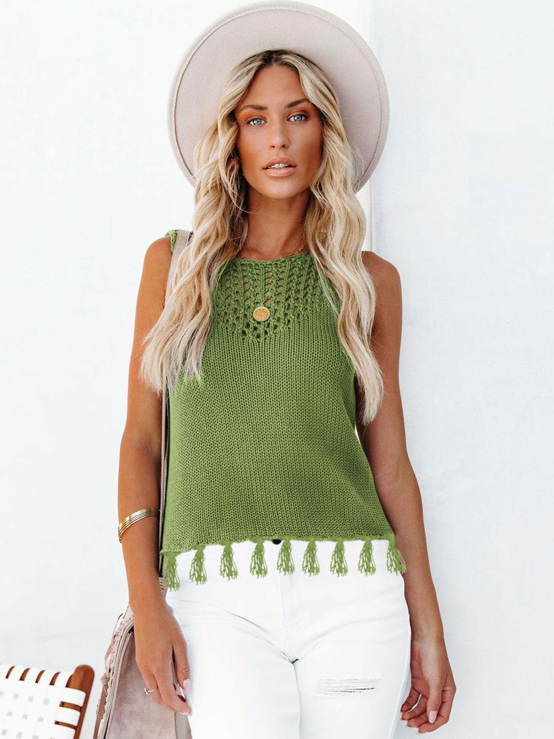 Cutout Tassel Round Neck Tank.