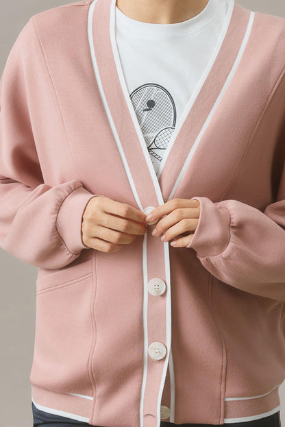 Pink Striped Oversized V-Neck Cardigan with Contrast Trim and Pockets