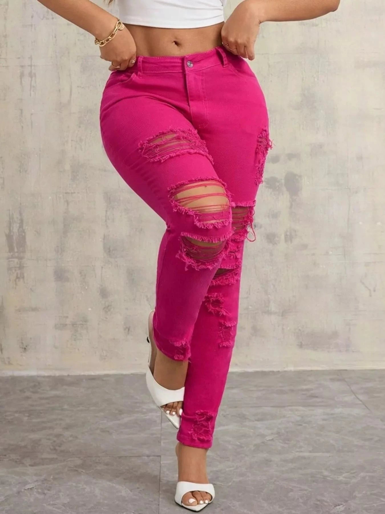 Fuchsia Fierce Distressed High-Waisted Skinny Jeans Coco’s Tee Boutique