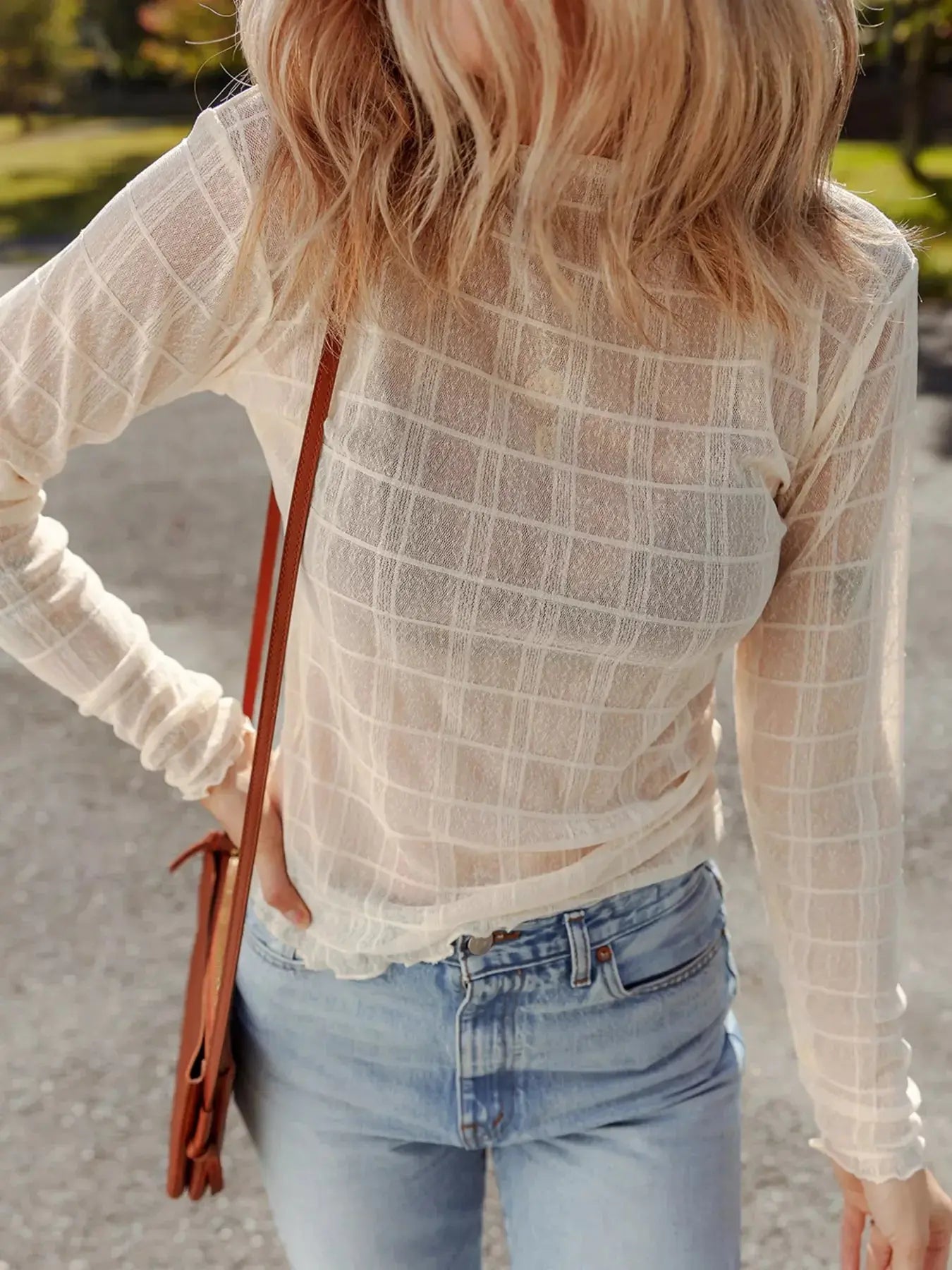 Sheer Plaid Mesh Lettuce Trim Slim Fit Long Sleeve Top Simply Love