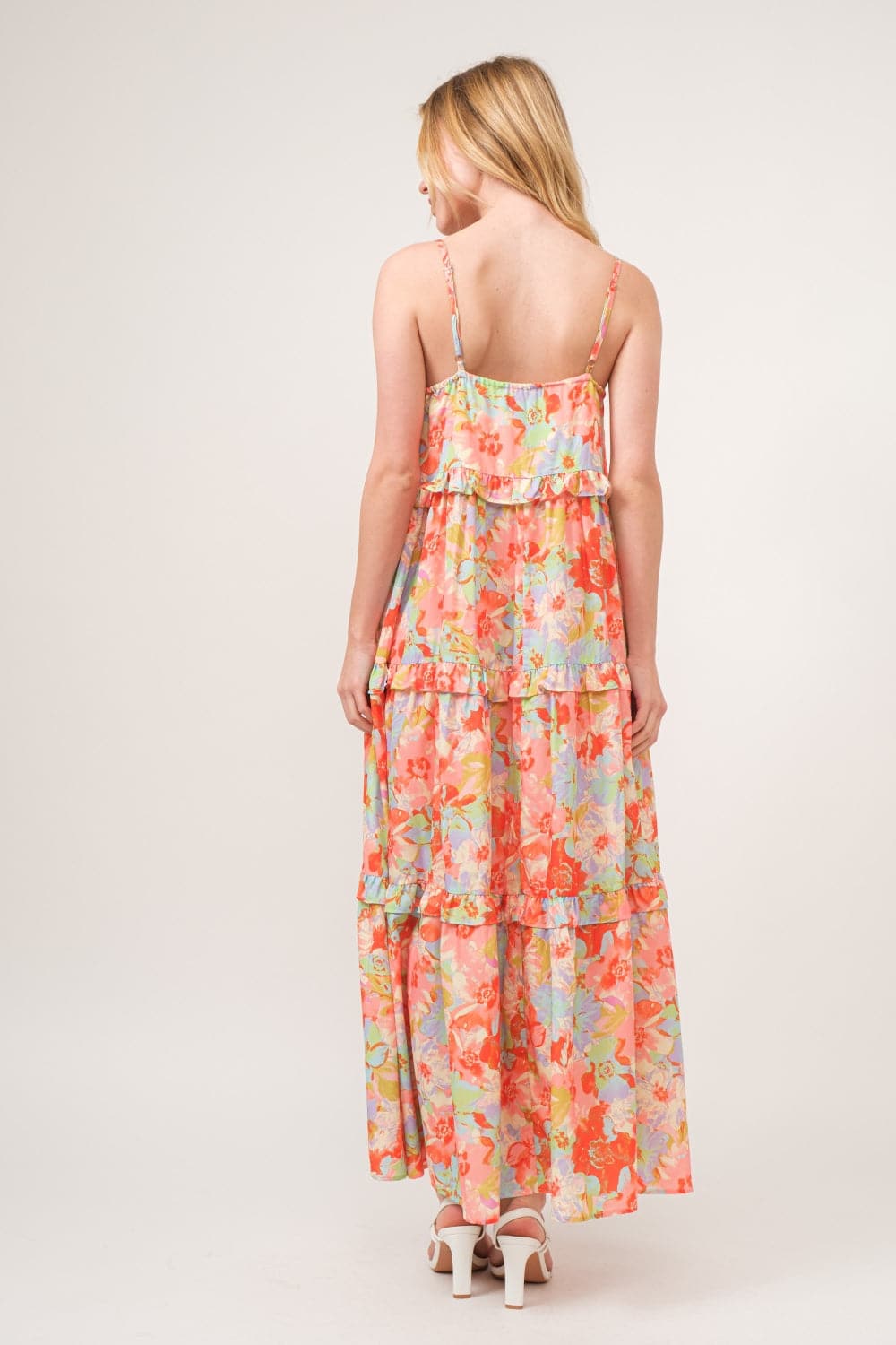 And The Why Floral Ruffled Tiered Maxi Adjustable Strap Cami Dress.