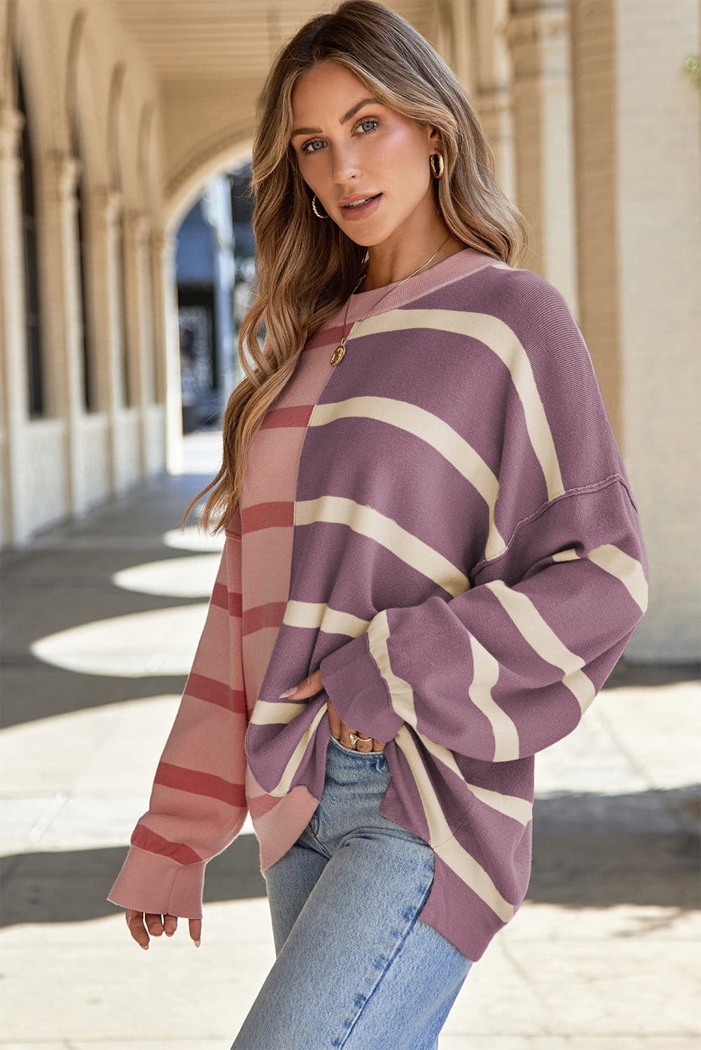 Striped Round Neck Long Sleeve Knit TopFeatures: Slit
Stretch: Slightly stretchy
Material composition: 50% viscose, 28% polyester, 22% polyamide
Care instructions: Machine wash cold. Tumble dry low.
ImporLove Salve Striped Round Neck Long Sleeve Knit TopKnit Tops