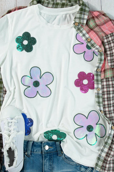 Flower Round Neck Short Sleeve T-Shirt.