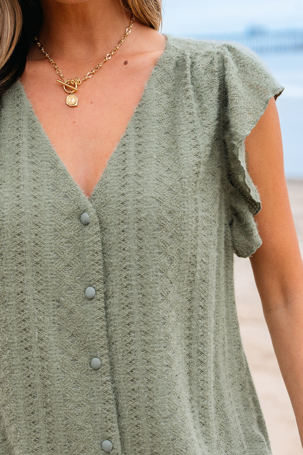 Laurel Green Flutter Sleeve Lace V Neck Shirt for Women