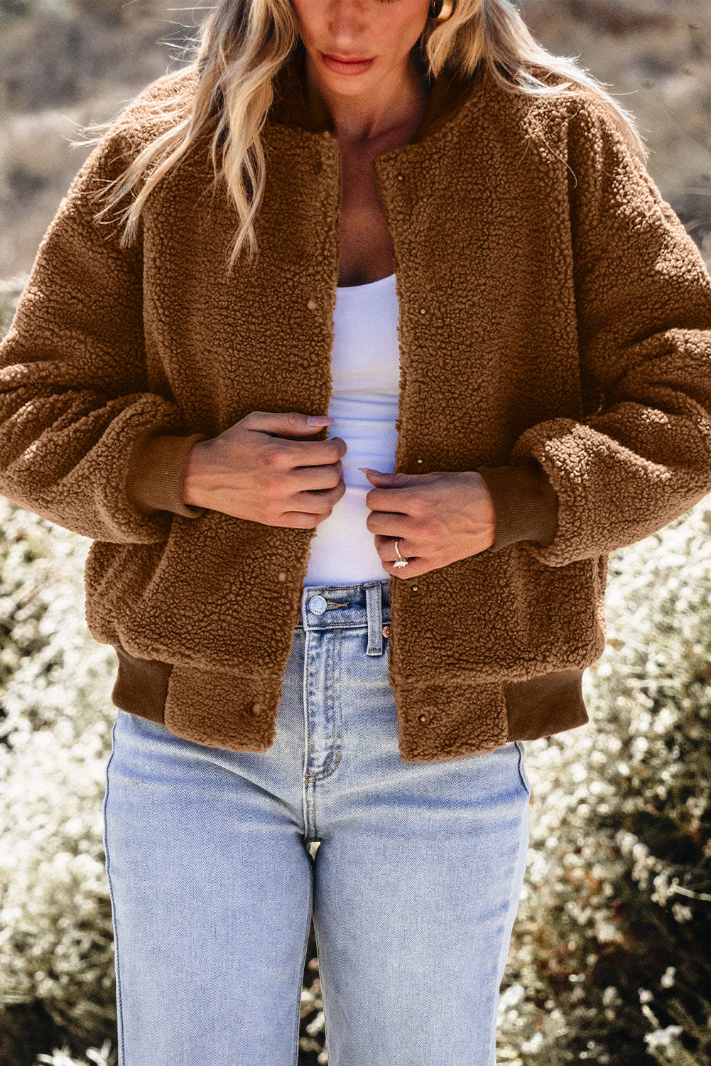 Redwood burl sherpa bomber jacket with baseball collar