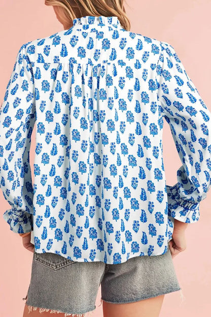 Frilled Floral Print Long Sleeve Button-Up Blouse