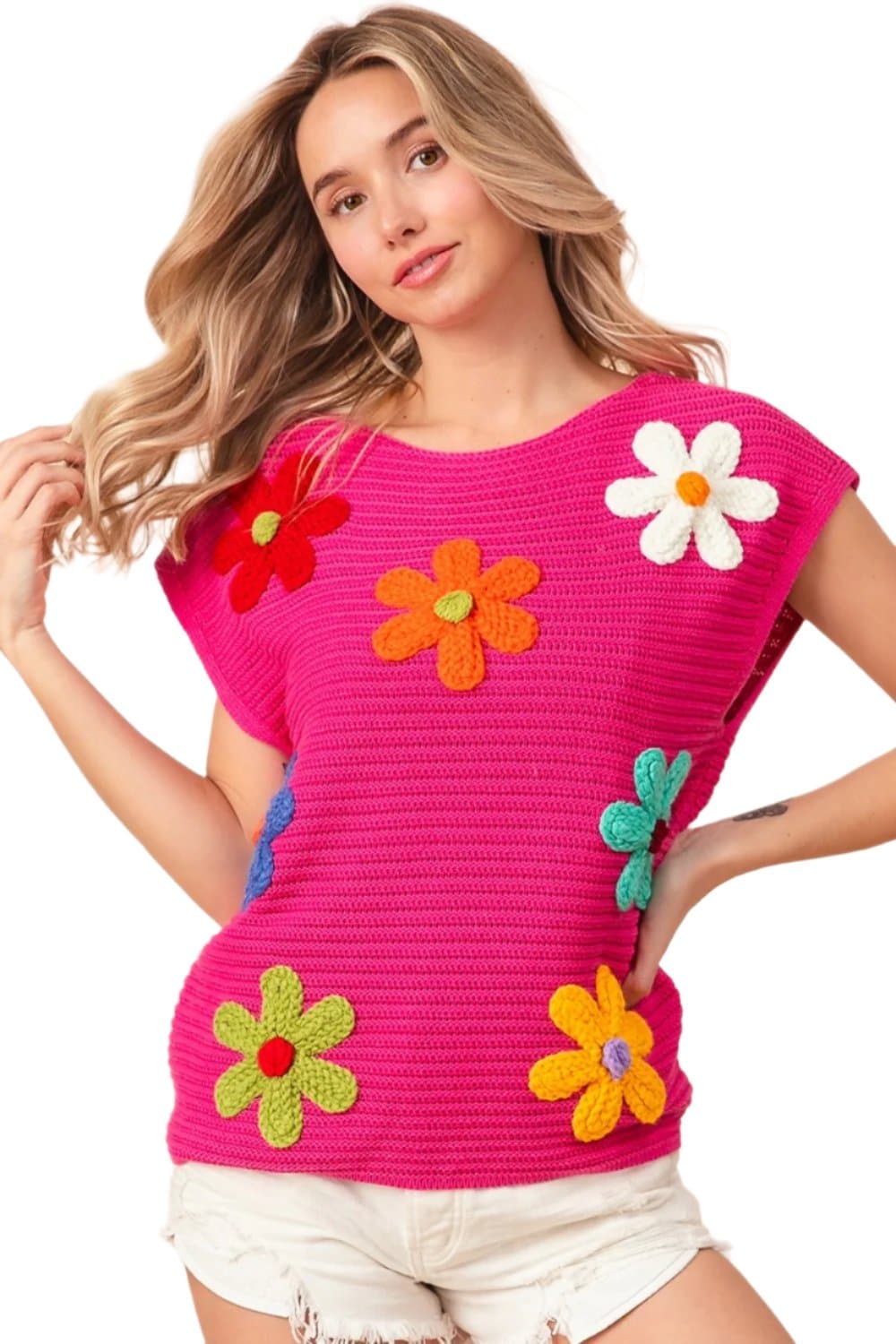 BiBi Flower Round Neck Cap Sleeve Knit Top.