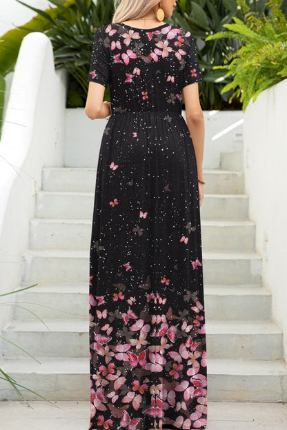 Printed Round Neck Short Sleeve Maxi Dress.