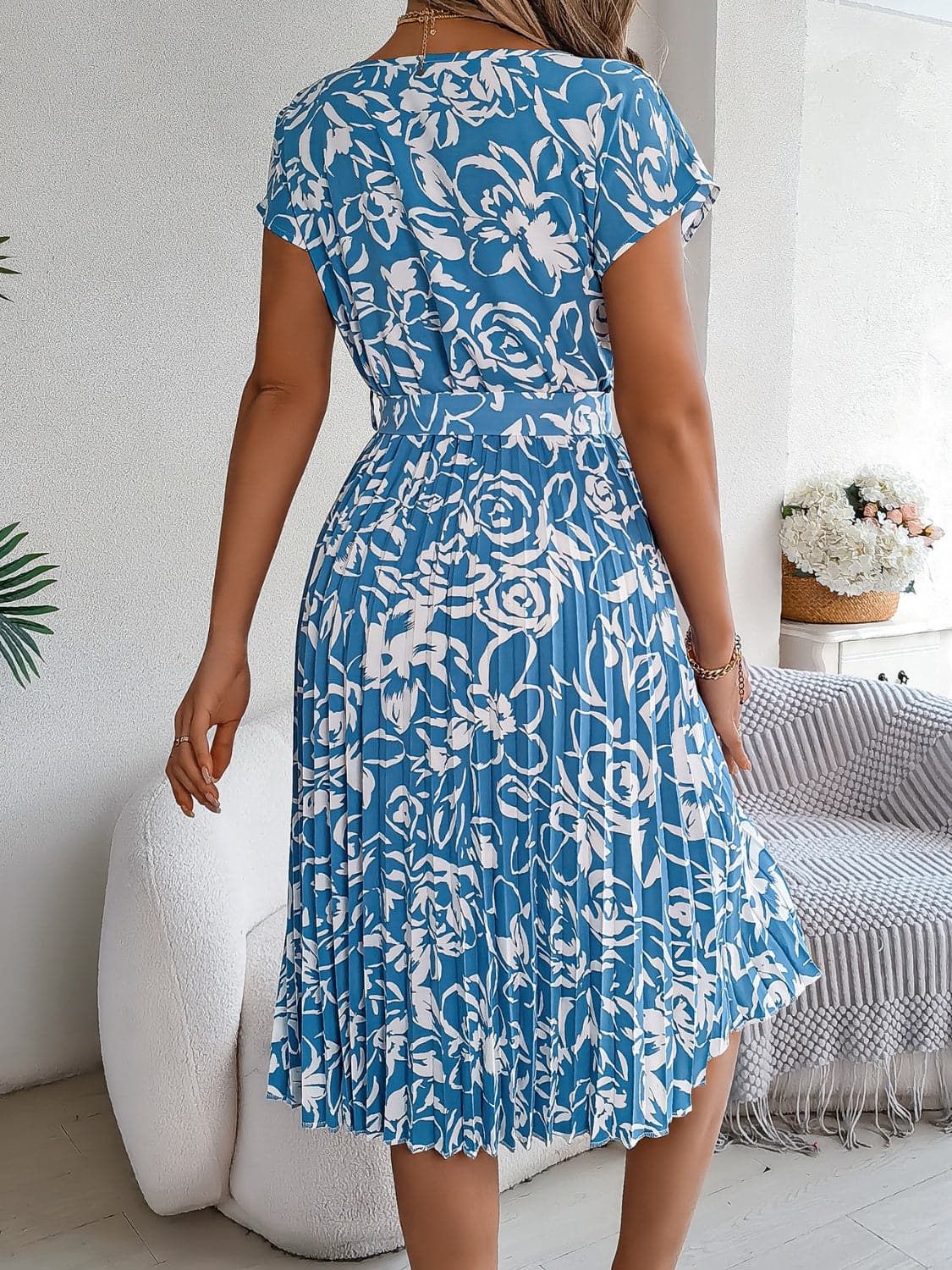 Tied Pleated Printed Short Sleeve Dress.