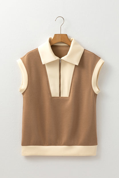 Simply Taupe Half Zipper Collared Colorblock Top