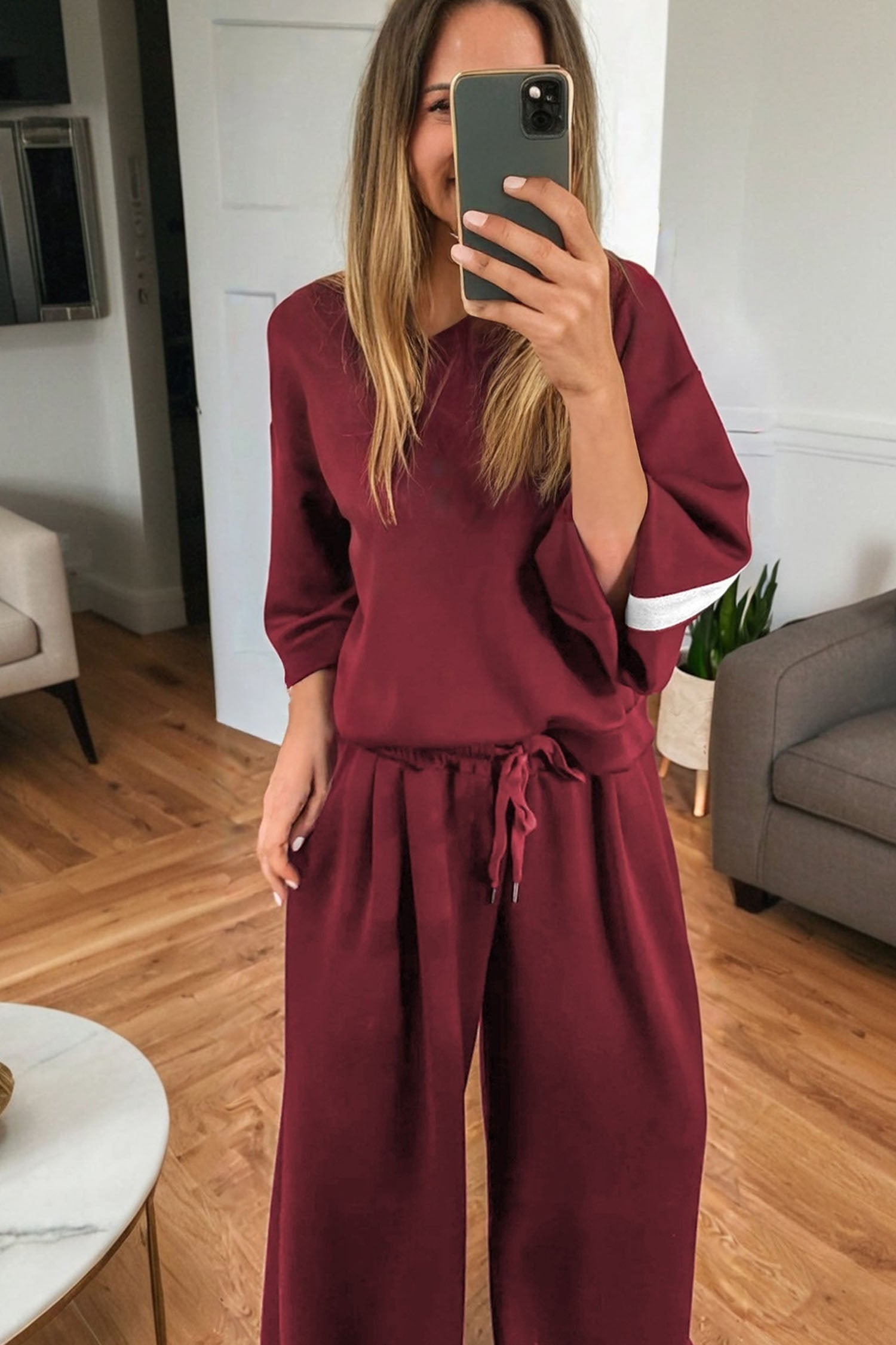 Burgundy Varsity Striped ThreeQuarter Sleeve Pullover Drawstring Sweatpants Set Dear-Lover Dropshipping