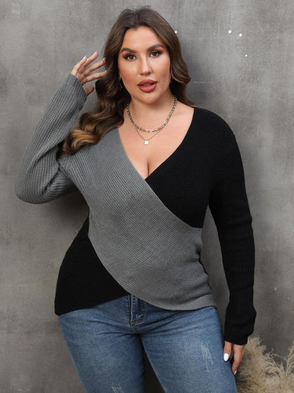 Plus Size Two-Tone Surplice Neck Sweater.