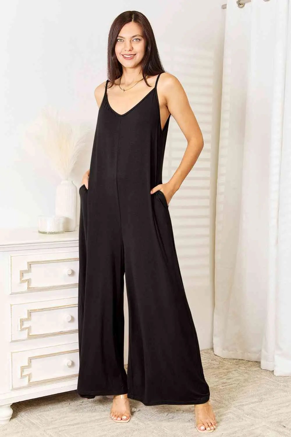 Double Take Full Size Soft Rayon Spaghetti Strap Tied Wide Leg Jumpsuit - Love Salve
