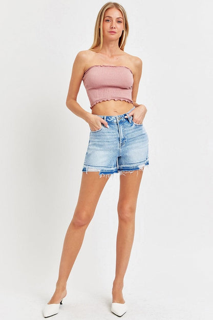 RISEN High Rise Distressed Hem Denim Shorts.