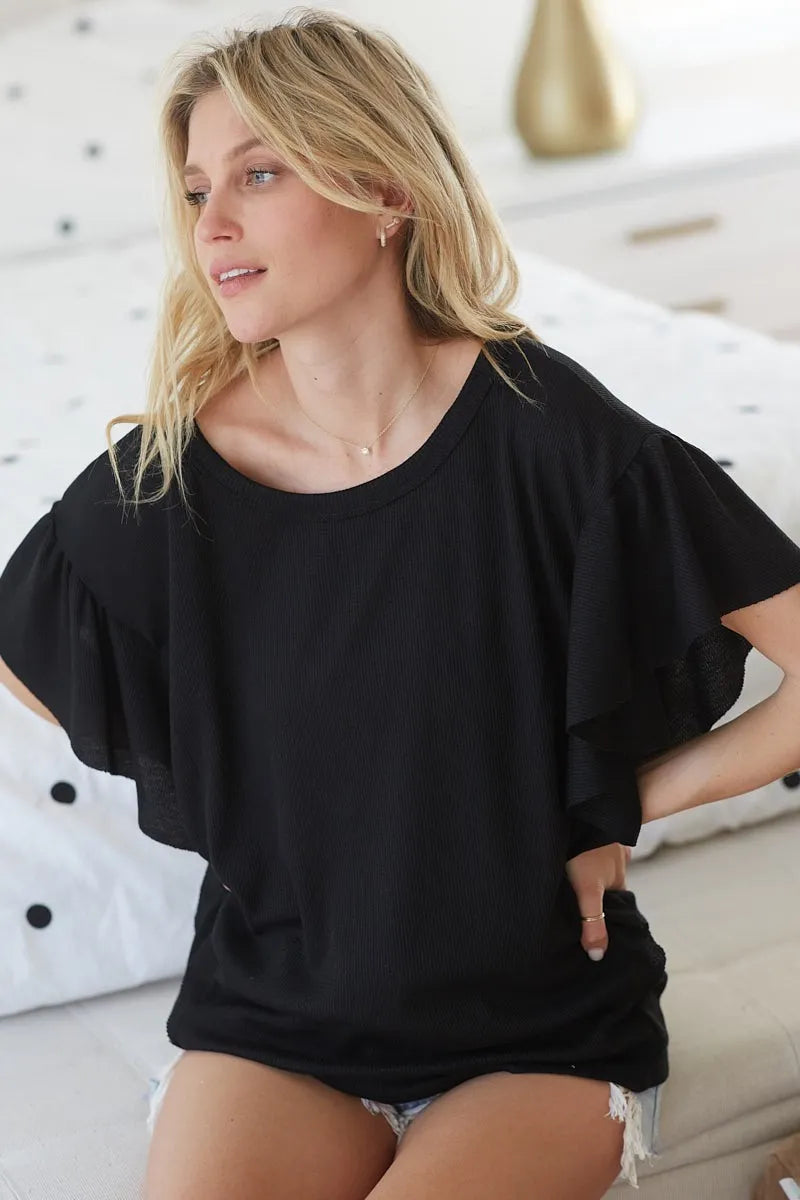 BiBi Thermal Knit with Ruffled Sleeve Top - Love Salve 