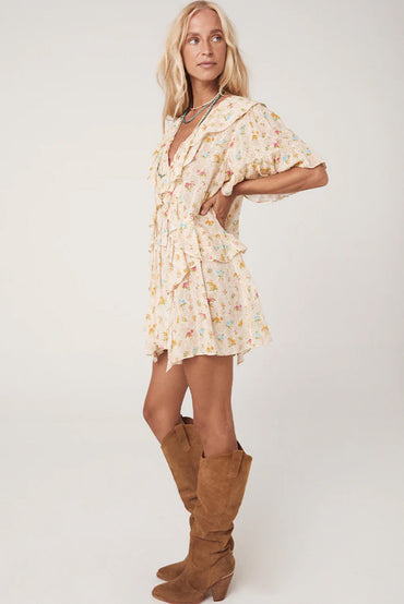 Apricot Boho Floral Tassel Tie V Neck Ruffle Mini Dress
