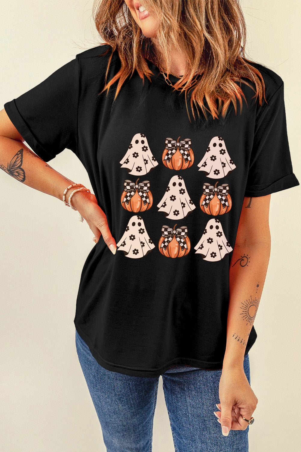 Spooky pumpkin print crew neck t-shirt for Halloween fun