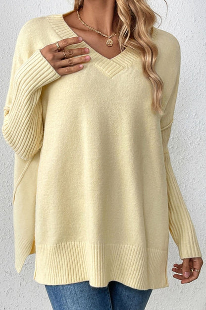 Slit V-Neck Dropped Shoulder Sweater.