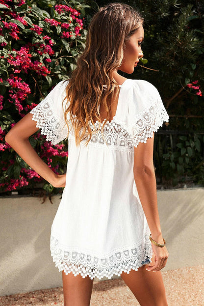 Lace Detail Square Neck Short Sleeve Blouse.