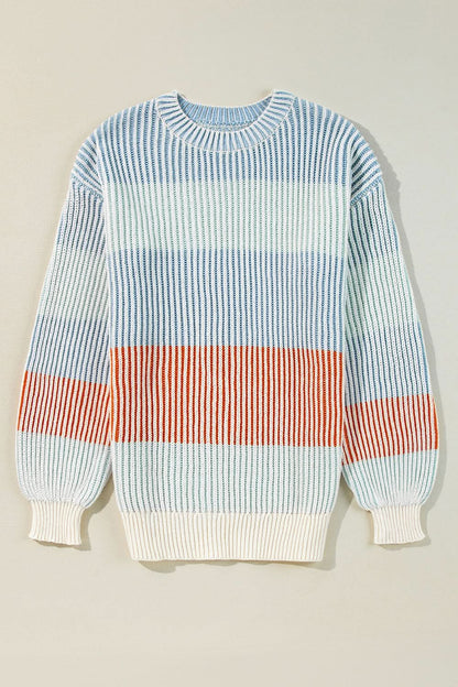 Striped Color Block Round Neck Long Sleeve Sweater